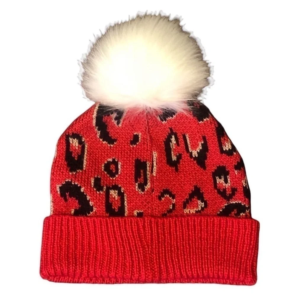 BCBGeneration Pink Leopard Print Pom Beanie NWOT